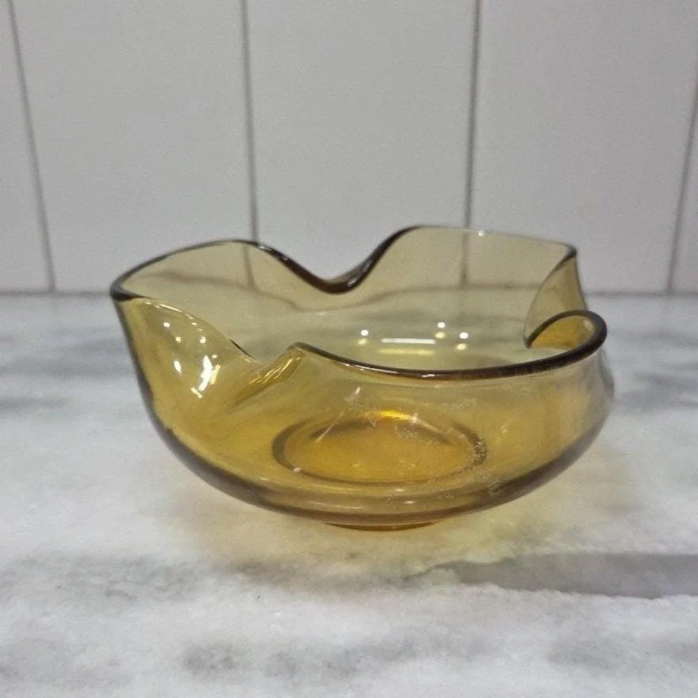 Anchor Hocking Harvest‎ Gold Trinket Bowl, Vintage Amber Honey Dish, Wavy Edges